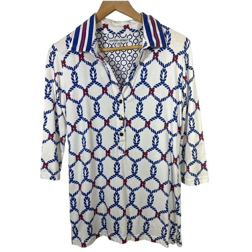BARBARA GERWIT Women’s Nautical Inspired 3/4 Sleeve Polo Top White Size Small